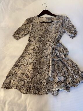 Reformation Snake-Print Wrap Dress in Cream and Brown